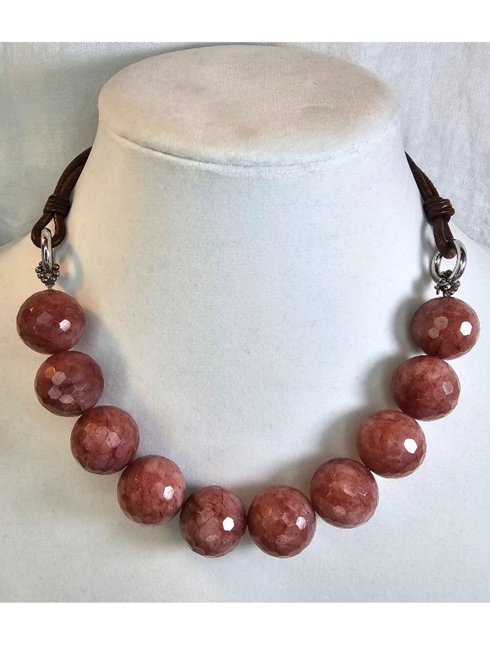 Brunello Cucinelli Natural Gemstone Faceted Bead Leather Statement Necklace 17"